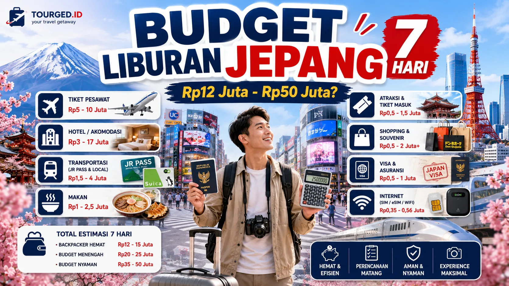 Kalkulator dan catatan budget liburan Jepang dengan pemandangan jalanan Tokyo di belakangnya