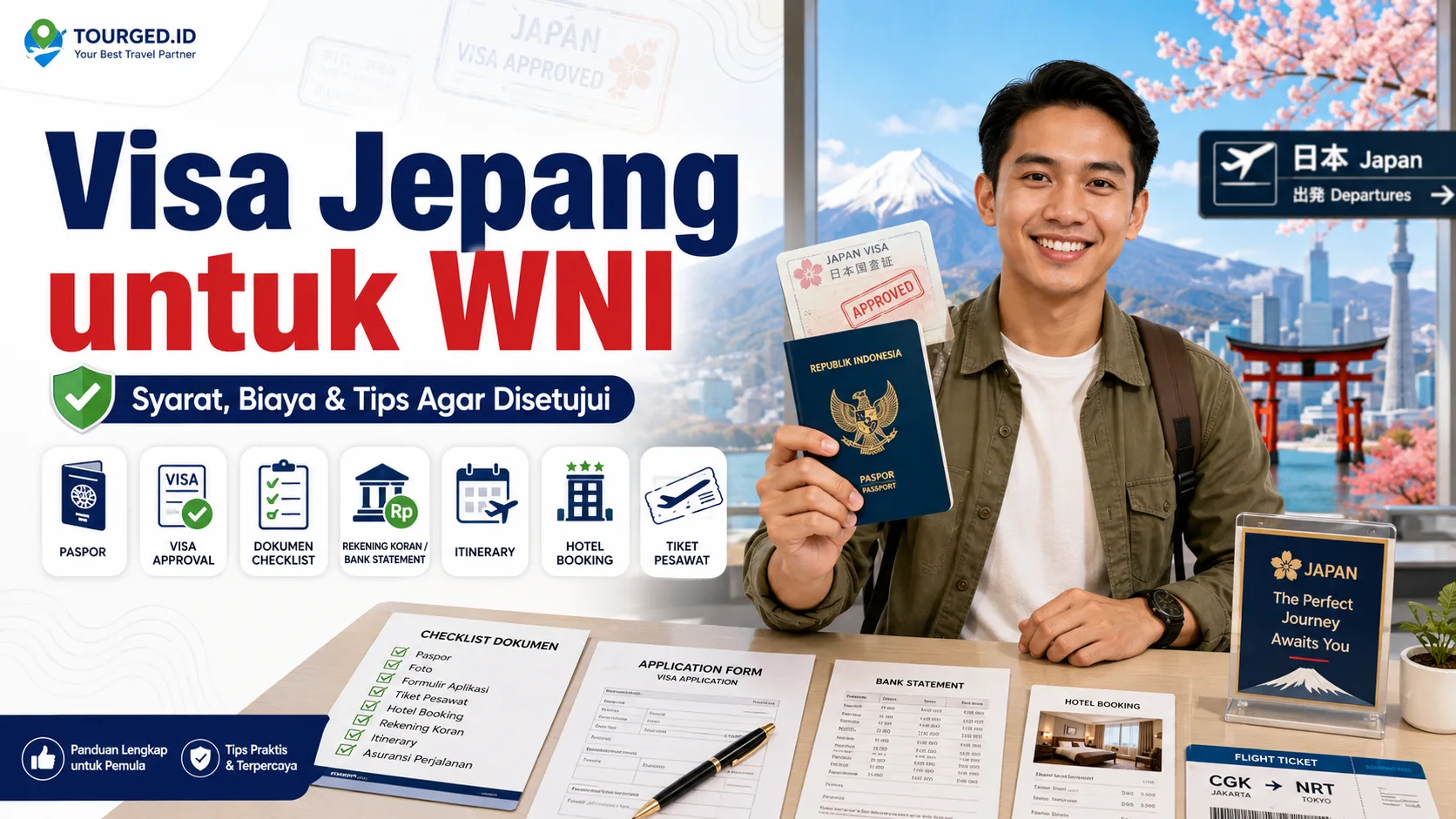 Paspor Indonesia dengan stempel visa Jepang di samping foto landmark Tokyo